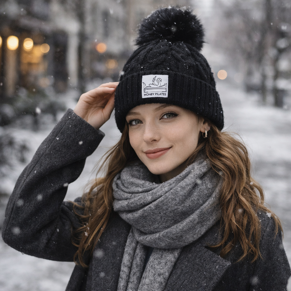 Chunky Cable Knit Cuffed Beanie with Faux Fur Pom Pom and Woven Label