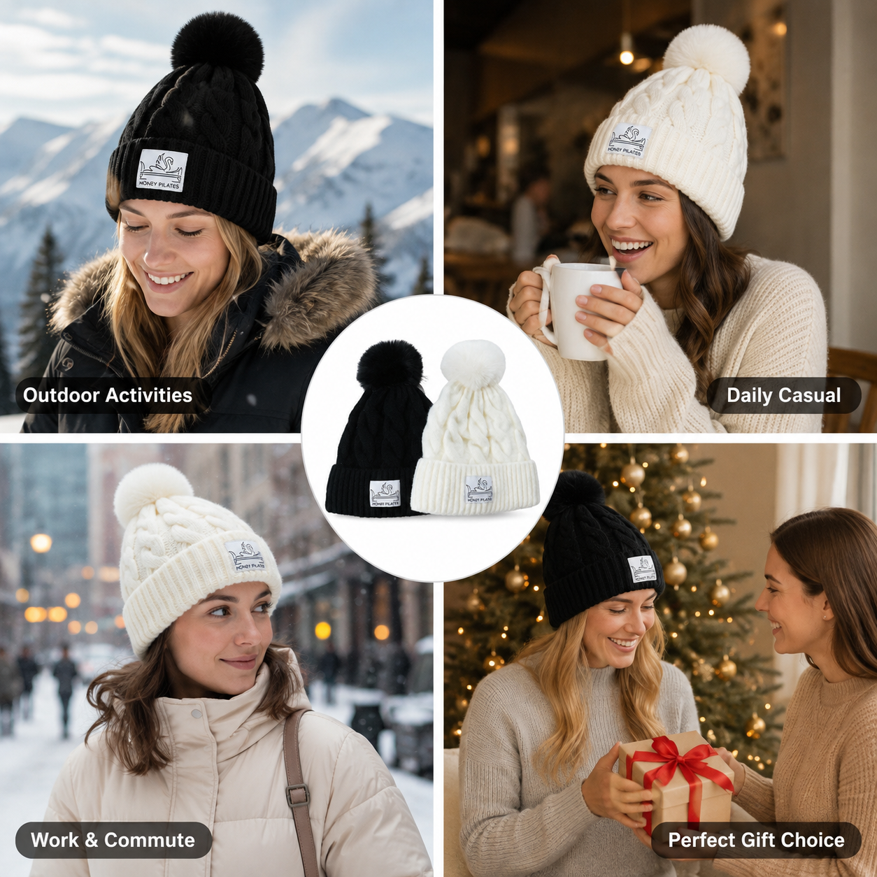 Cable Knit Cuffed Winter Beanie with Faux Fur Pom Pom