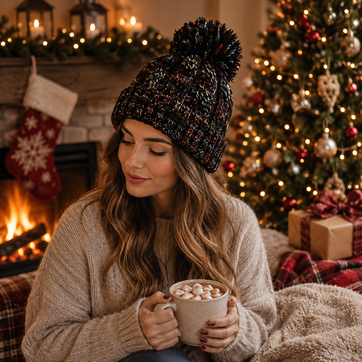 Multicolor Cable Knit Pom Pom Winter Beanie Hat