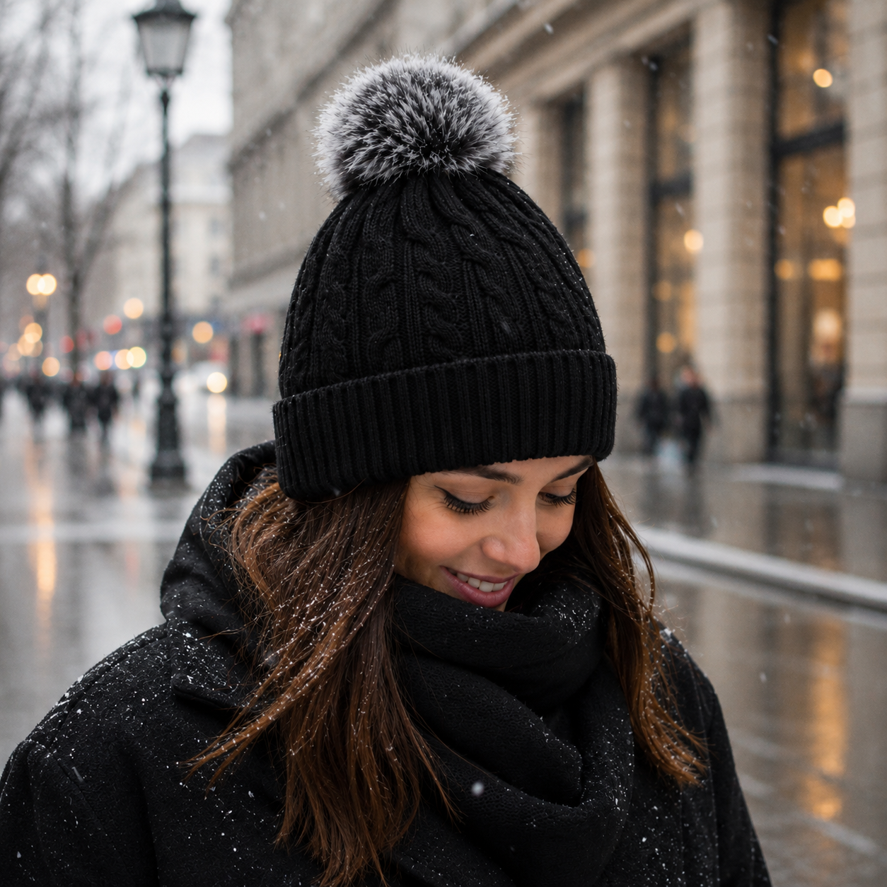 Cable Knit Cuffed Beanie with Faux Fur Pom Pom