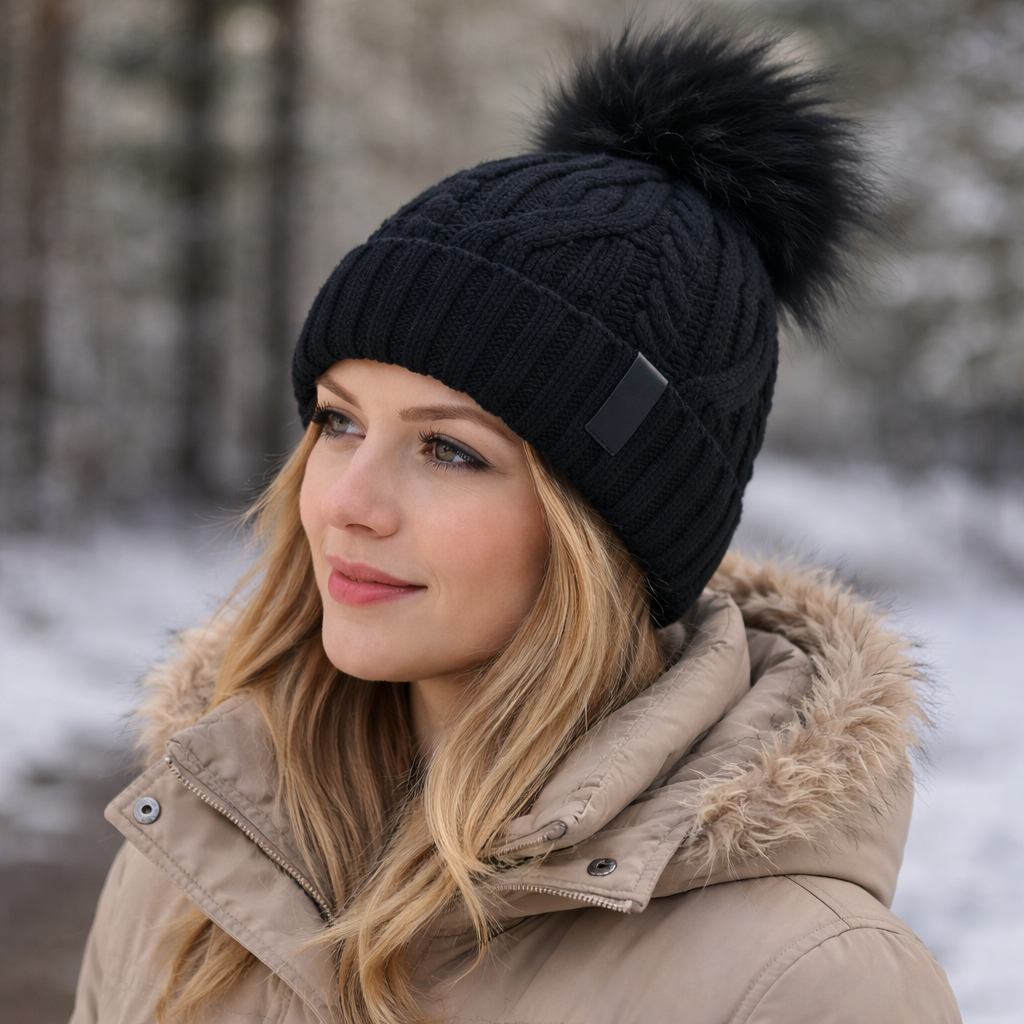 Winter Warm Knit Pom Beanie with Faux Fur Trim