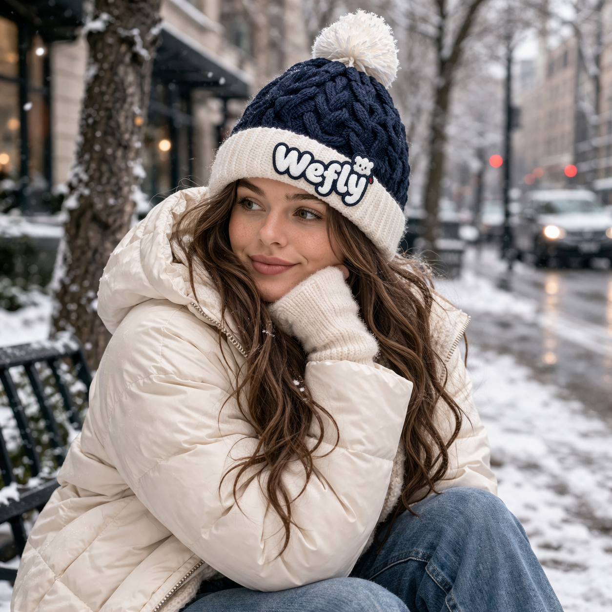 Winter Cable Knit Pom Pom Beanie with Embroidered Logo Warm Cuffed Hat