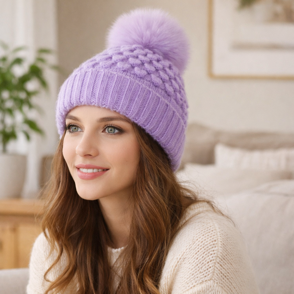 Winter Soft Cable Knit Pom Pom Beanie Hat for Women