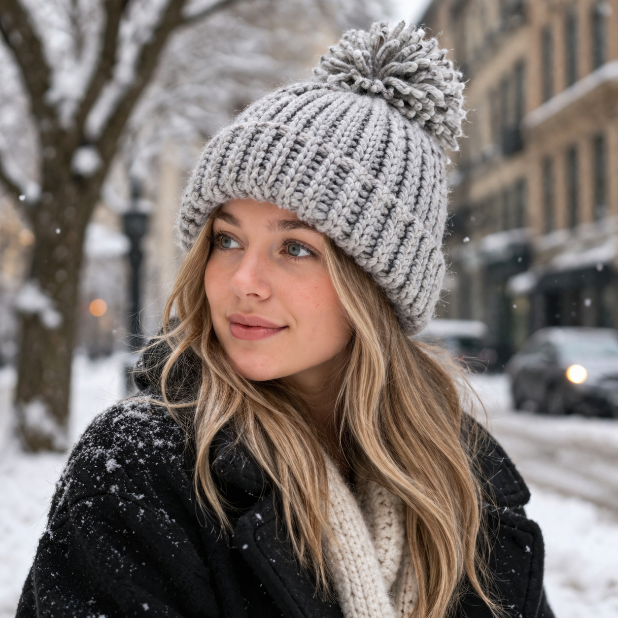 Chunky Knit Pom Pom Beanie Winter Warm Cuffed Hat Set
