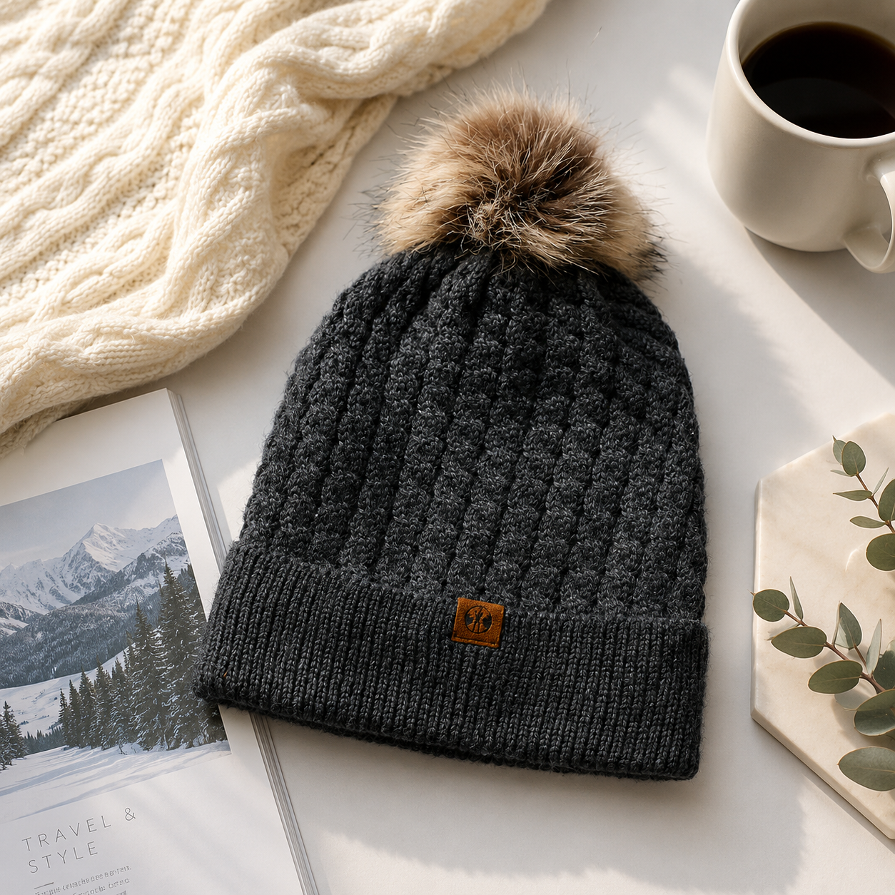 Charcoal Textured Knit Beanie with Fluffy Pom and Folded Brim