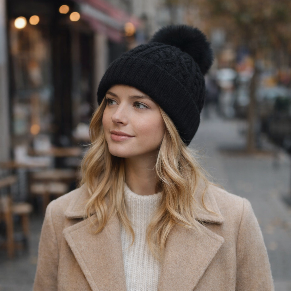 Winter Pom-Pom Cable Knit Beanie in Multiple Colors