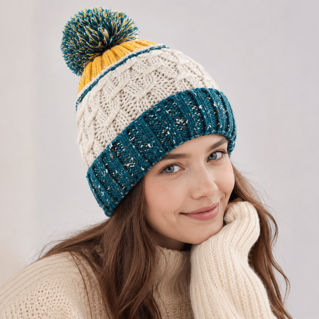Multicolor Cable Knit Pom Pom Cuffed Winter Beanie