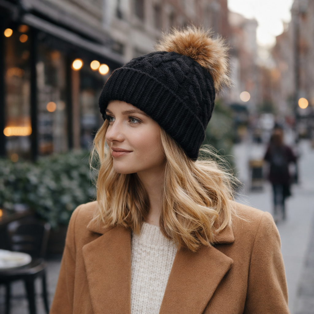 Winter Knit Beanie with Faux Fur Pom – Multiple Colors