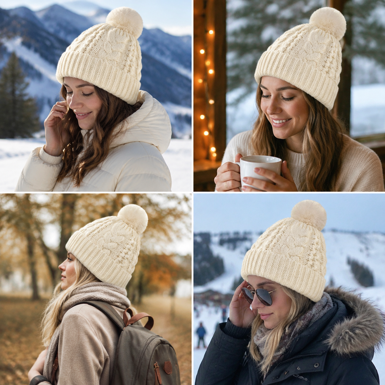 Cable Knit Cuffed Winter Beanie with Faux Fur Pom Pom