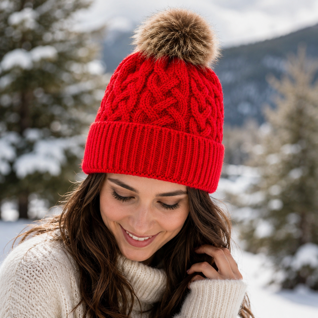 Red Beige Black Cable Knit Beanie Hats with Faux Fur Pom Pom