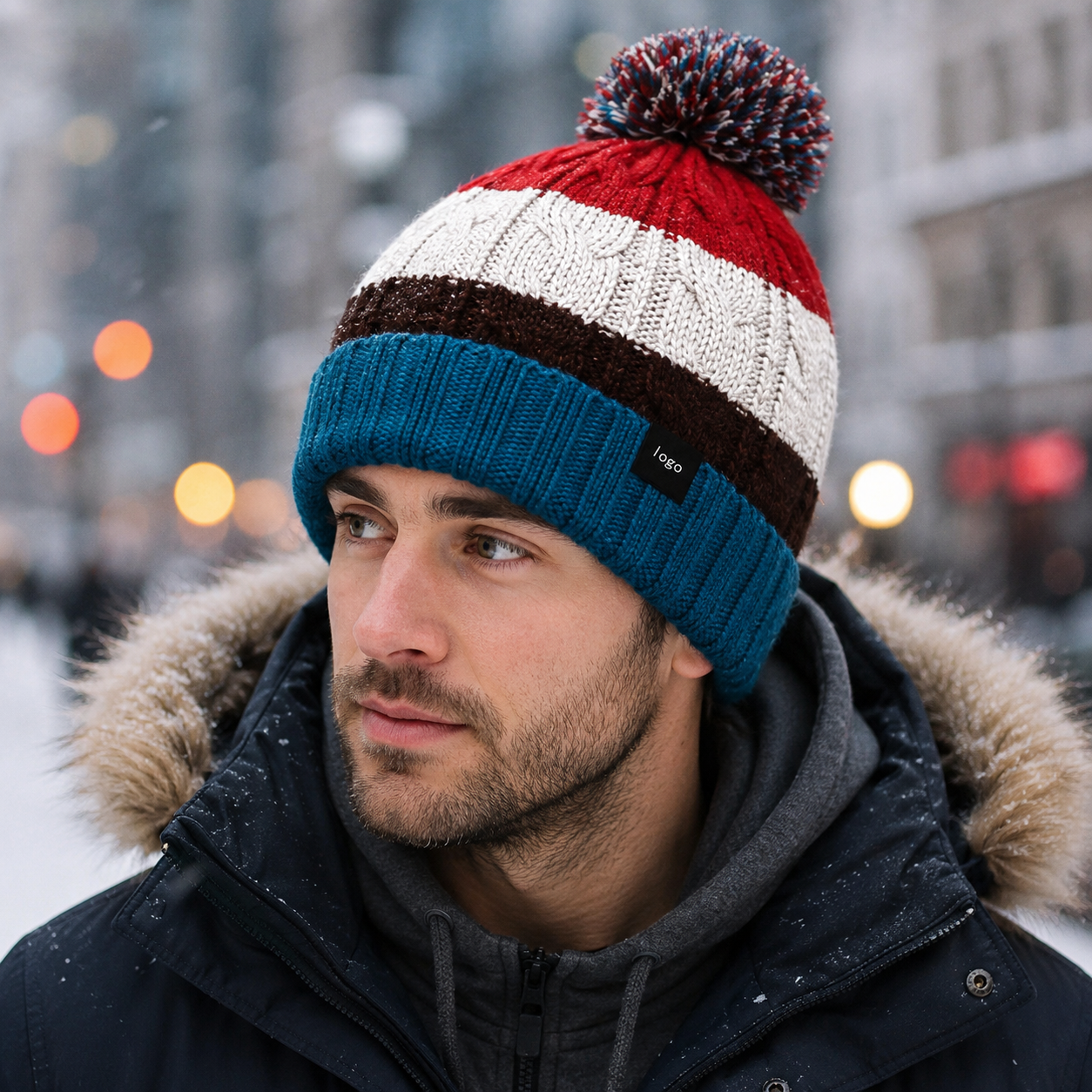 Striped Chunky Cable Knit Cuffed Pom Pom Beanie Hat