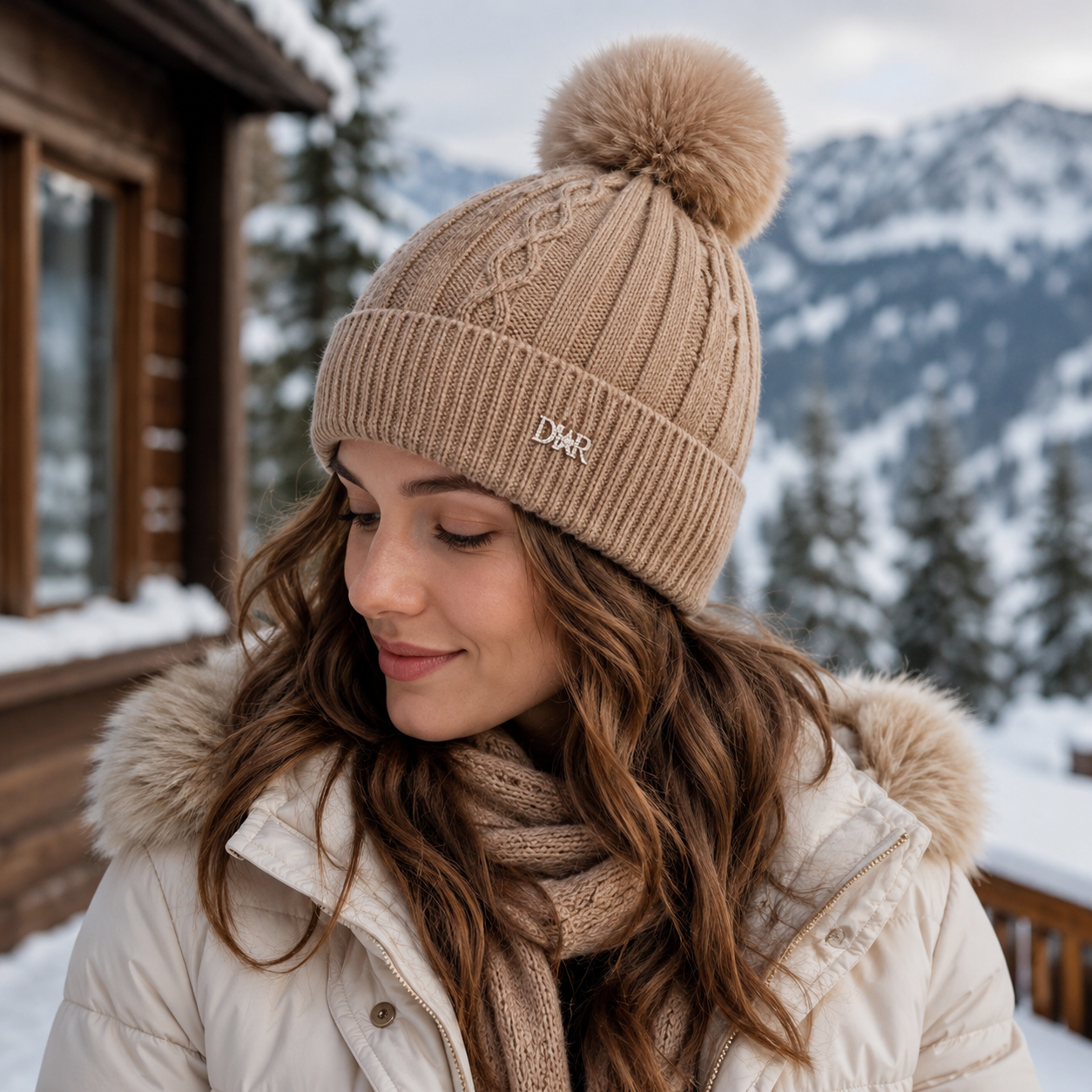 Women's Winter Ribbed Knit Beanie with Faux Fur Pom Pom