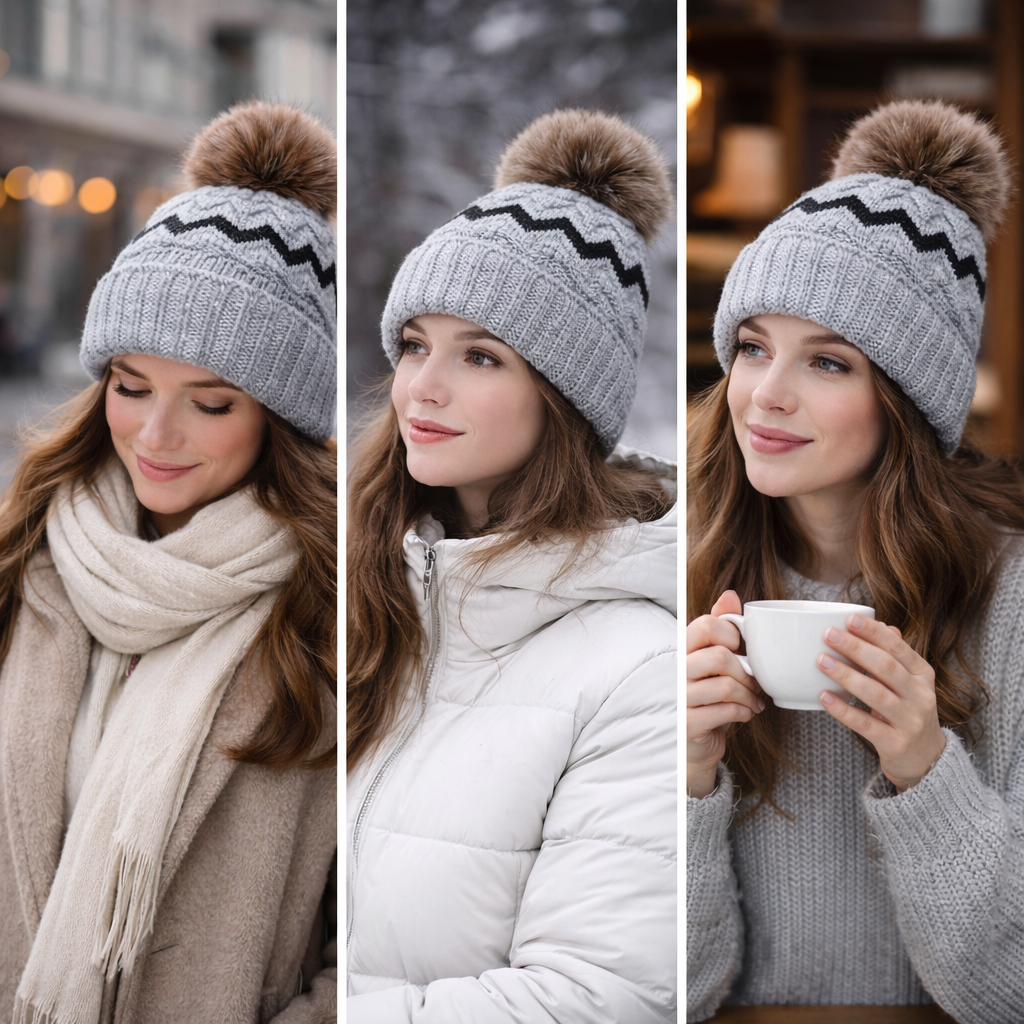Winter Cable Knit Beanie with Faux Fur Pom – Warm, Soft & Stylish