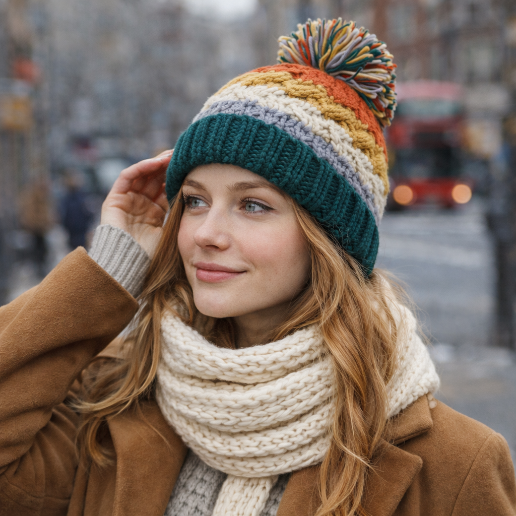 Multicolor Cable Knit Pom Pom Winter Beanie Hat