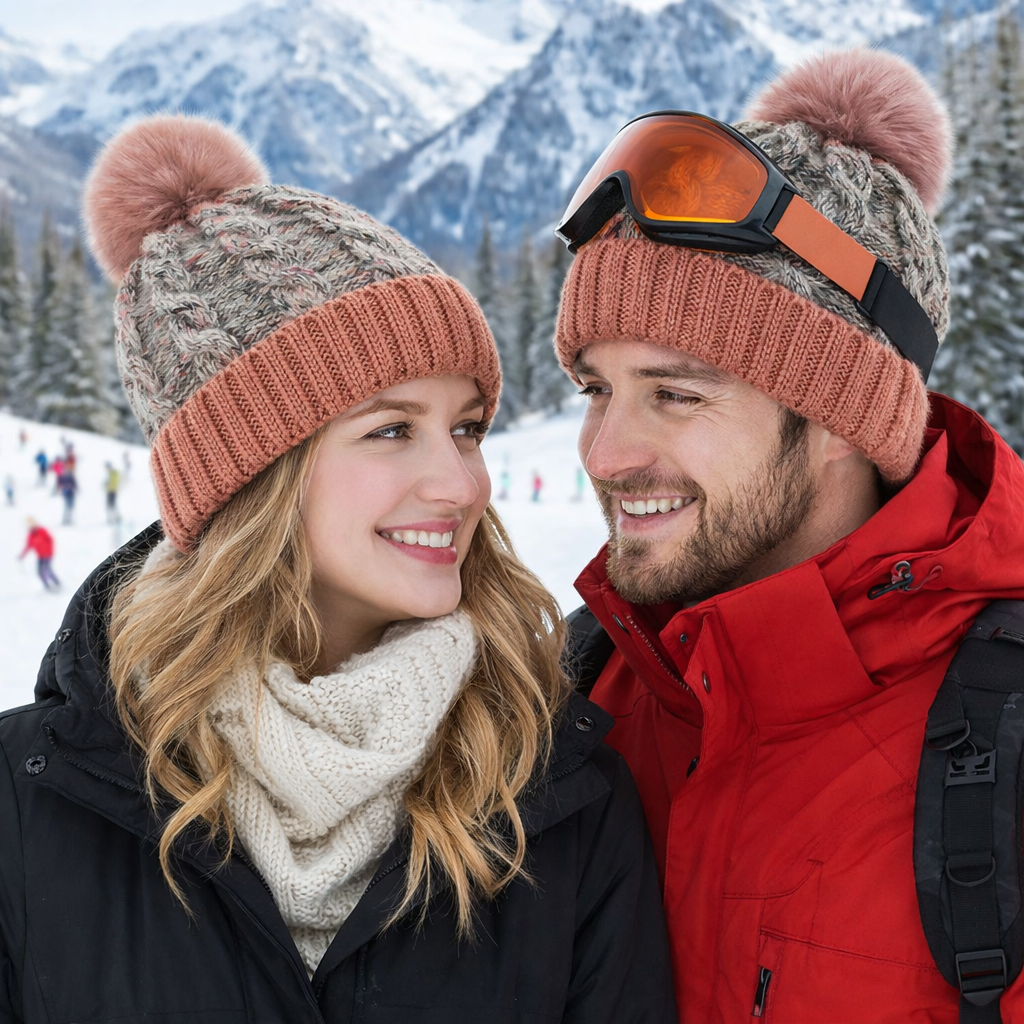 Women's Winter Cable Knit Pom Pom Beanie with Faux Fur Top