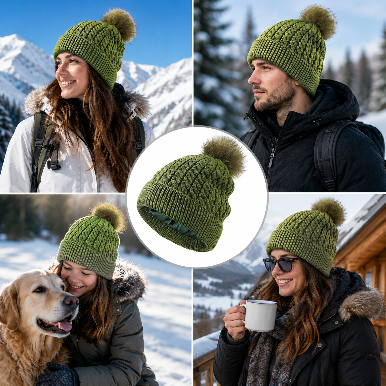 Cable Knit Cuffed Beanie with Faux Fur Pom Pom