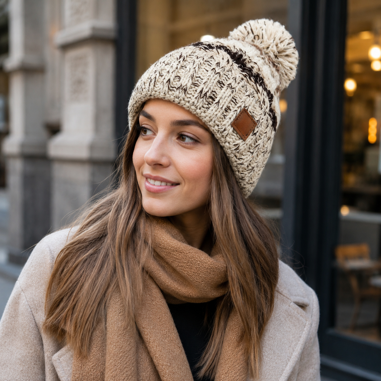 Striped Cable Knit Pom Pom Beanie with Faux Fur Lining