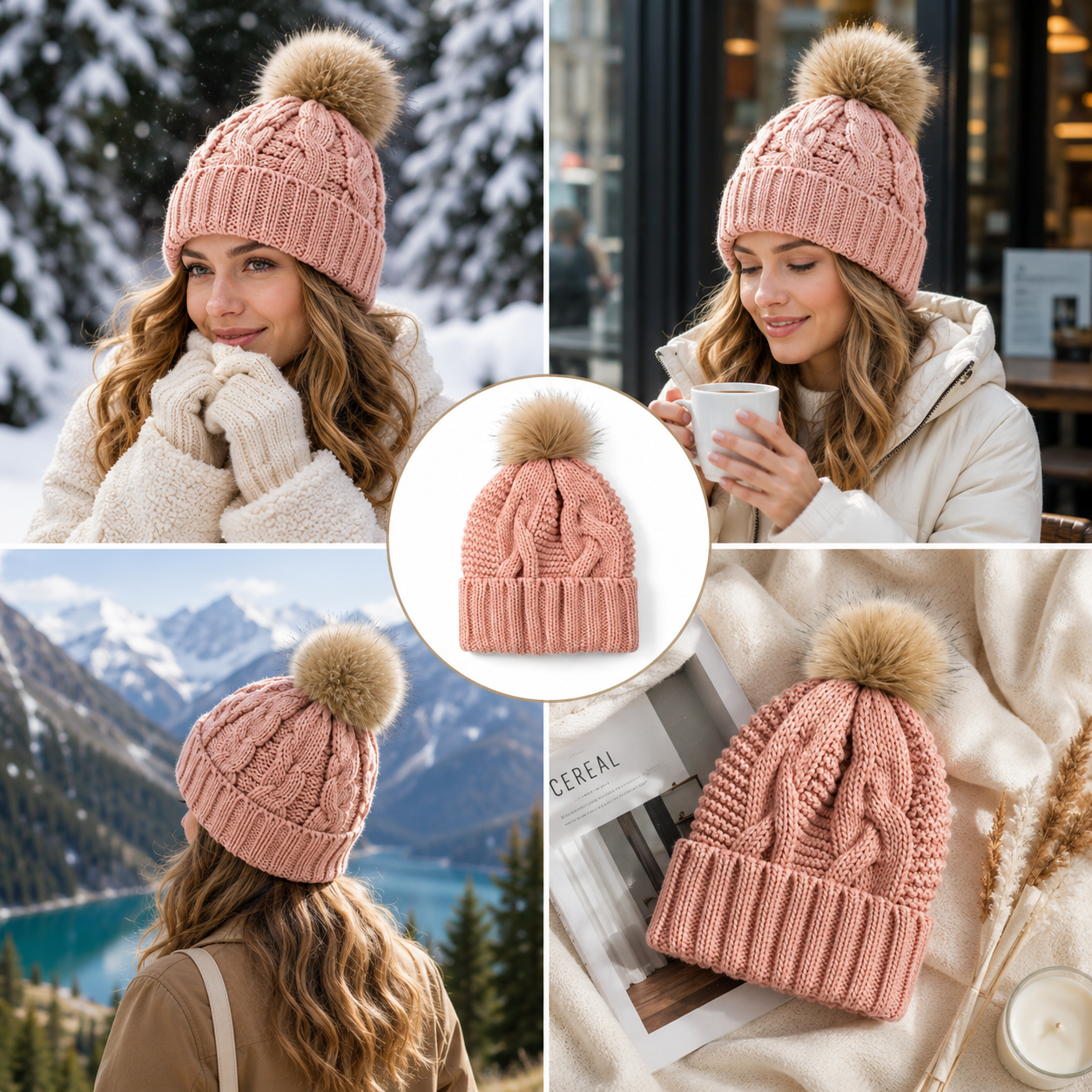Pastel Cable Knit Cuffed Beanie Hat with Faux Fur Pom Pom