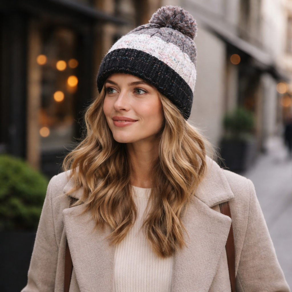 Color Block Cable Knit Pom Pom Beanie Hat Collection