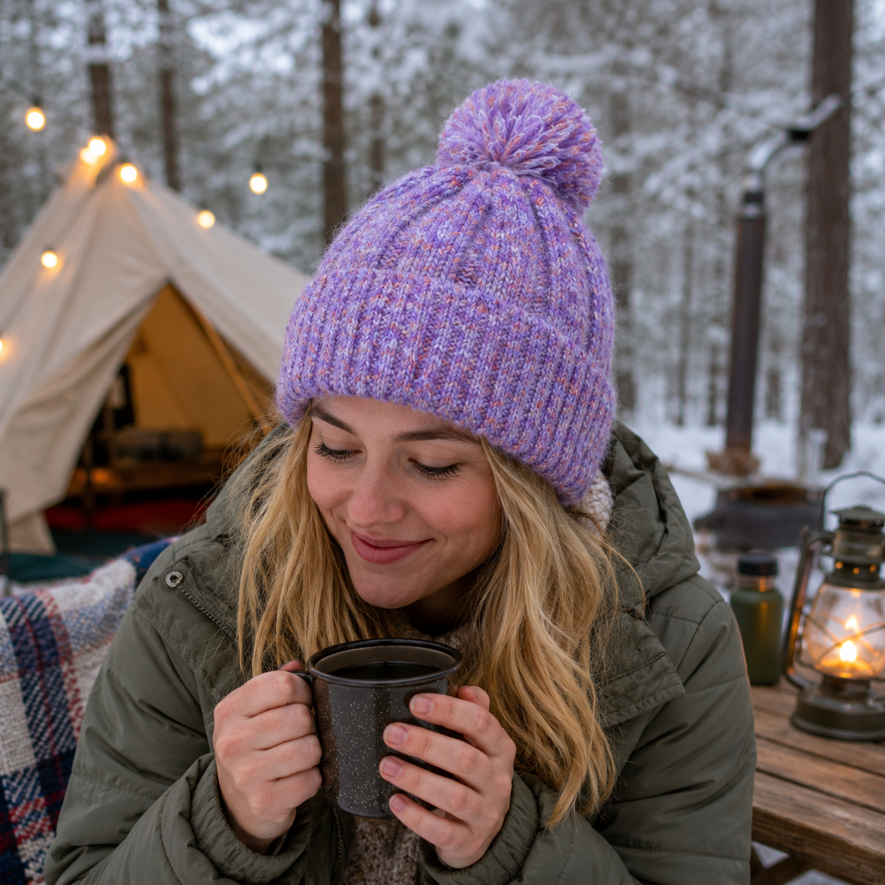 Heathered Purple and Sage Chunky Knit Pom Pom Cuffed Beanie