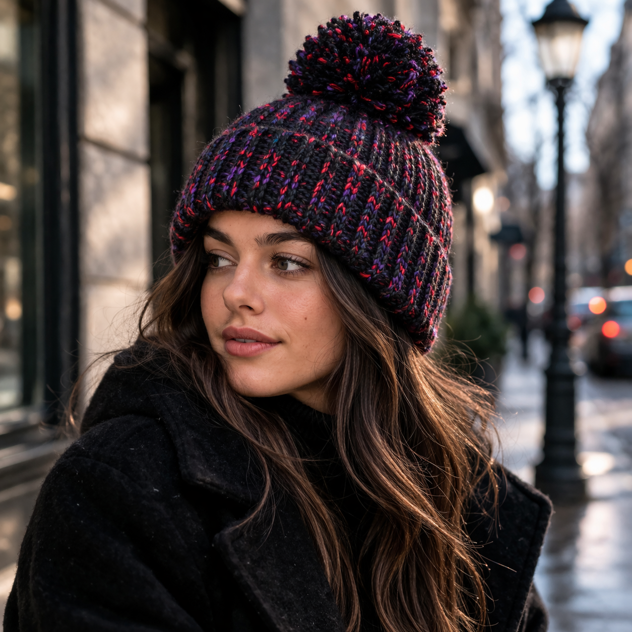 Multicolor Cable Knit Pom Pom Winter Beanie Hat