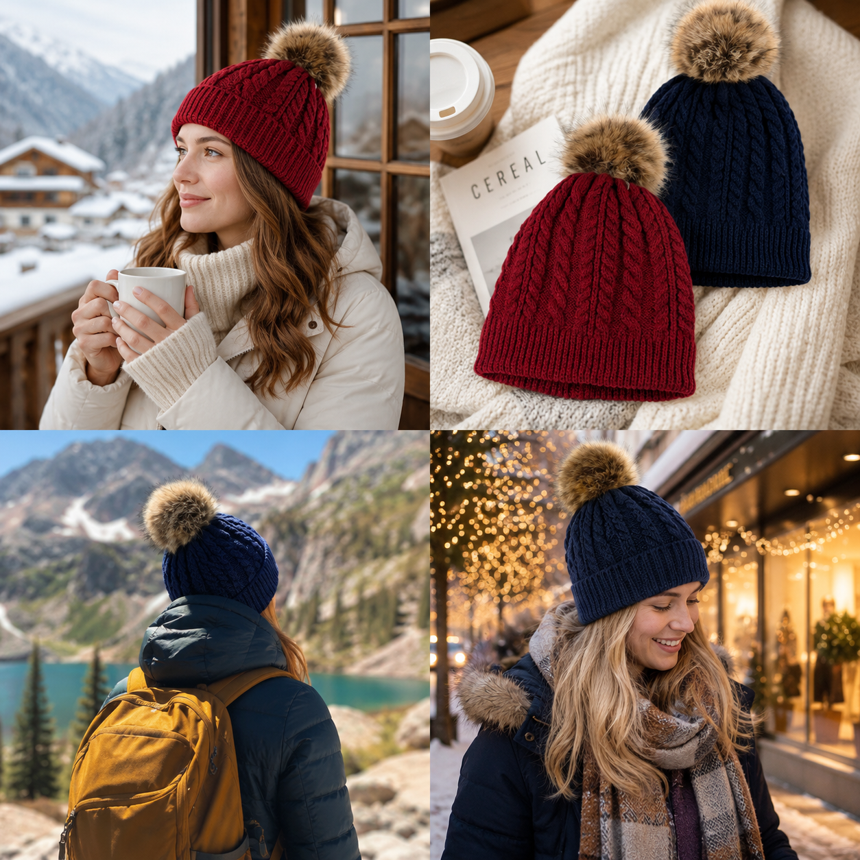 Winter Cable Knit Cuffed Beanie Hat with Faux Fur Pom Pom – Warm Ribbed Knit Cap in Navy, Ivory & Burgundy