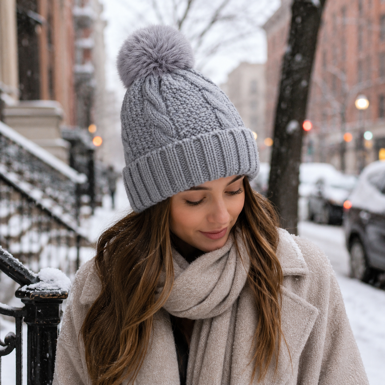 Thick Cable Knit Cuffed Faux Fur Pom Pom Beanie Hat