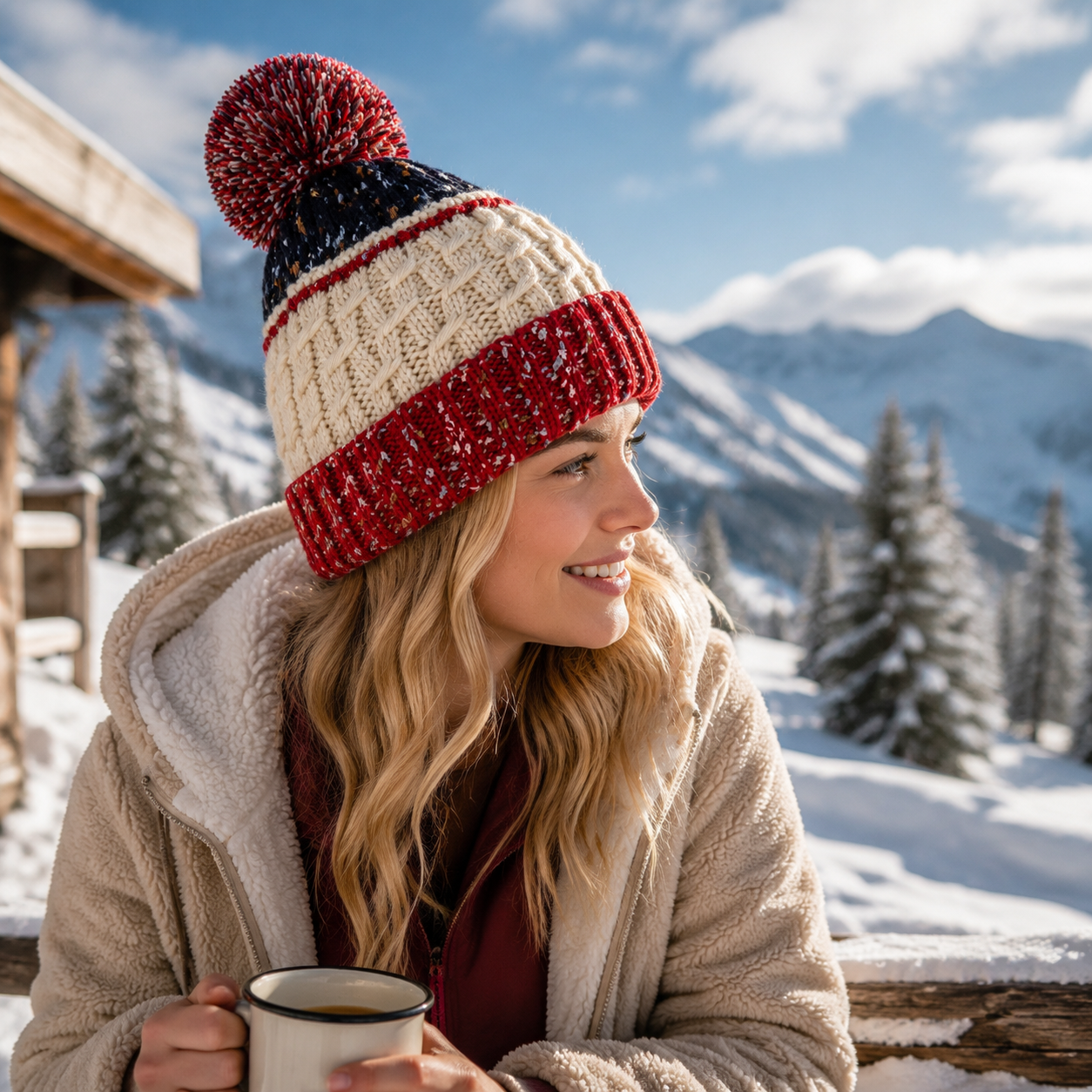 Multi-Color Cable Knit Pom Pom Cuffed Beanie Hat