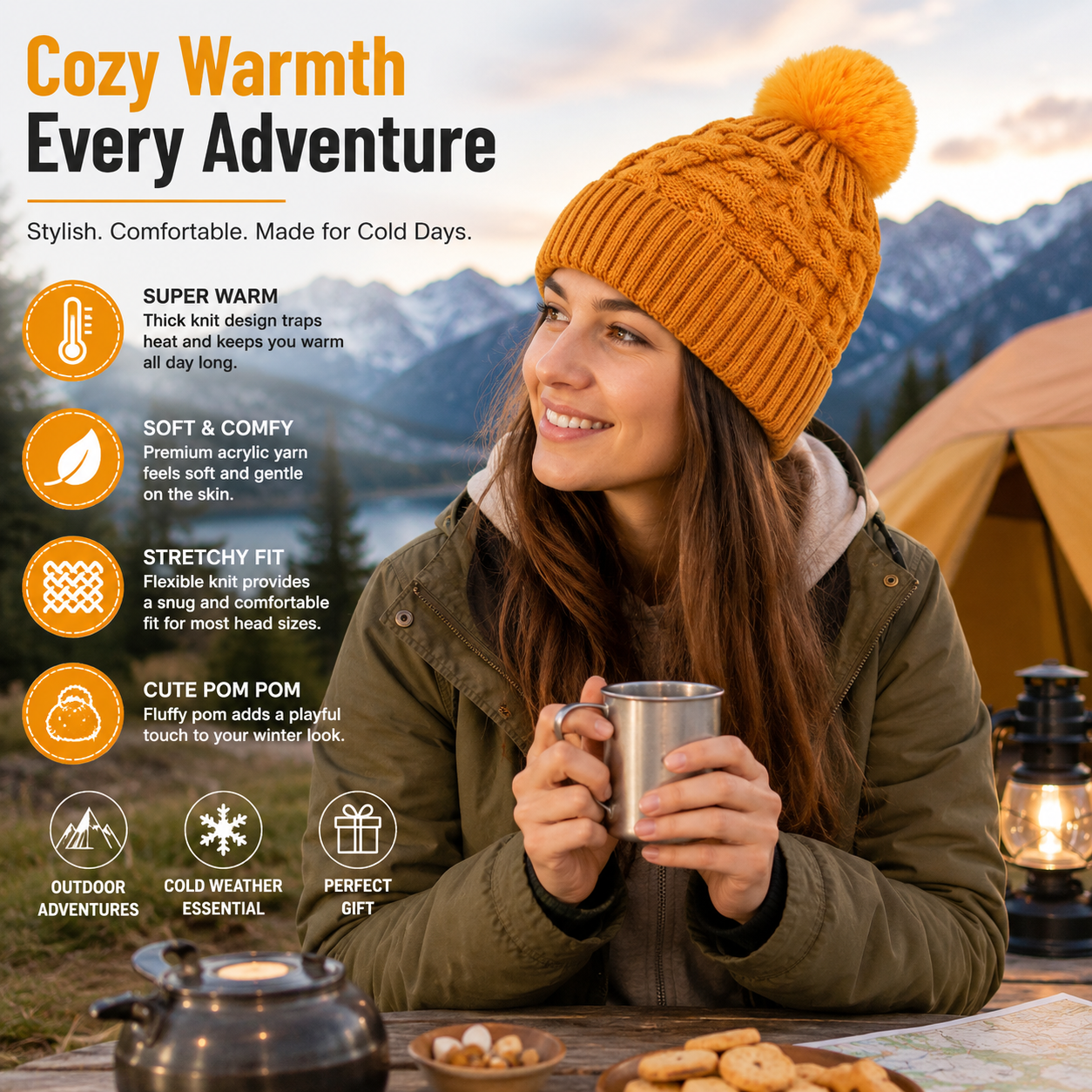 Women’s Winter Cable Knit Cuffed Beanie with Faux Fur Pom Pom