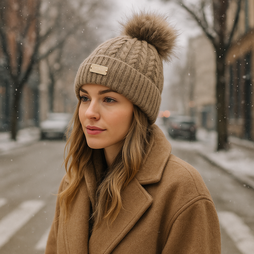 Winter Cable Knit Beanie with Faux Fur Pom — Burgundy