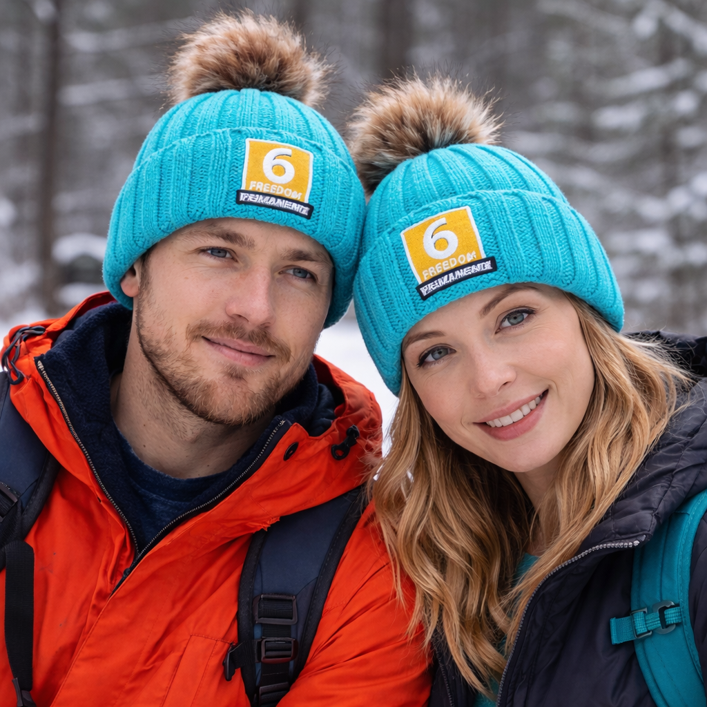 Blue Ribbed Knit Beanie with Faux Fur Pom and Embroidered Patch