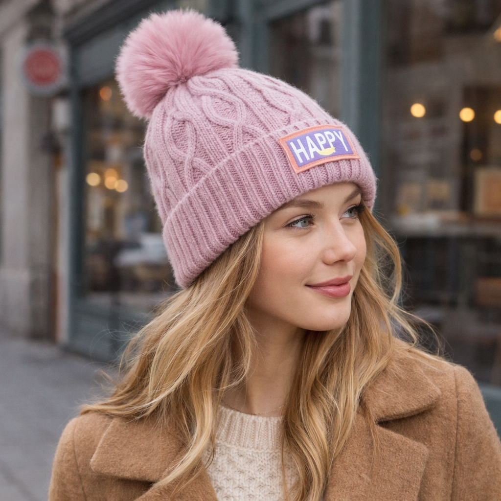 Winter Knit Pom Pom Beanie Hat – Soft Cable Knit Warm Skull Cap