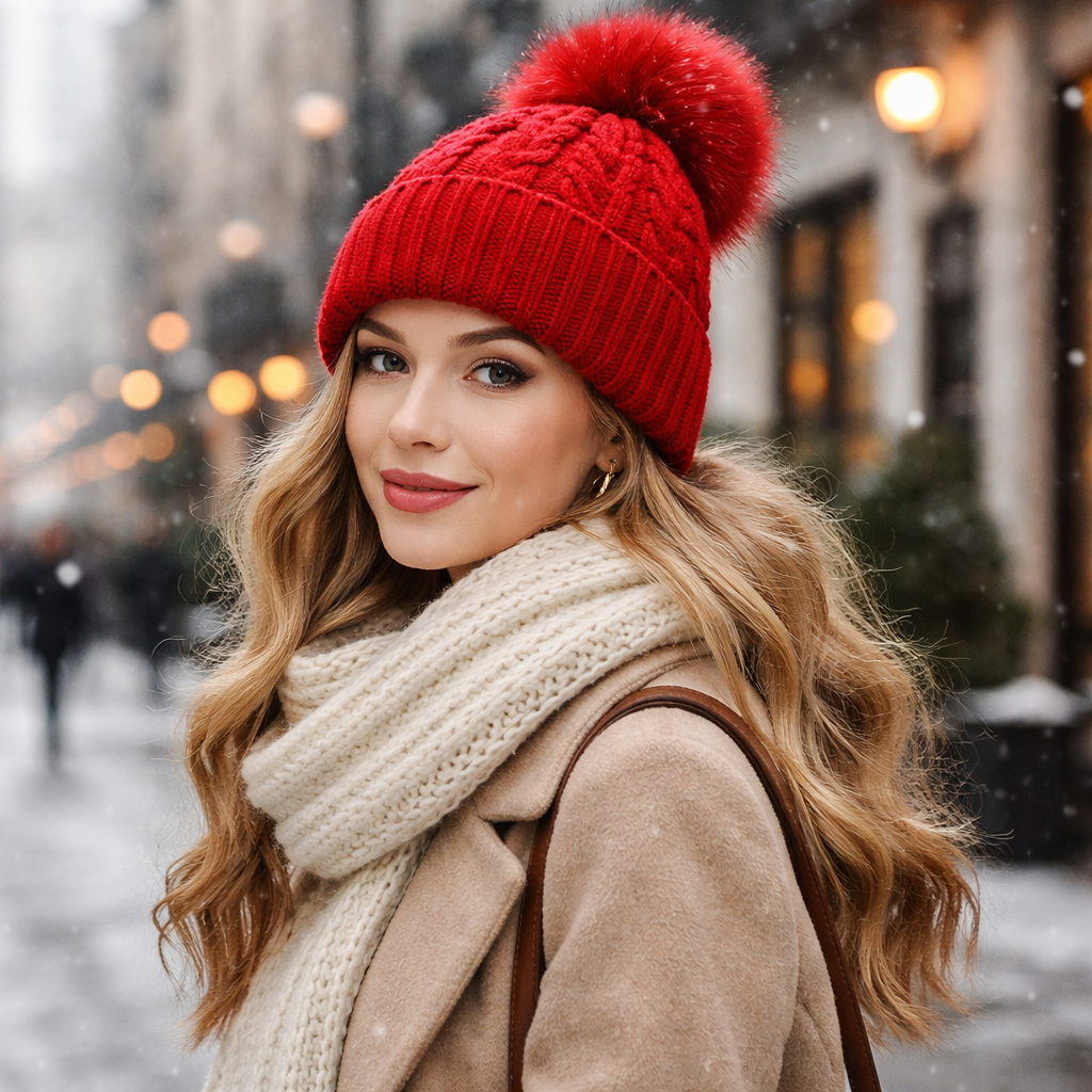 Winter Cable Knit Pom Pom Beanie Hat for Women Warm Soft Cuffed Skull Cap