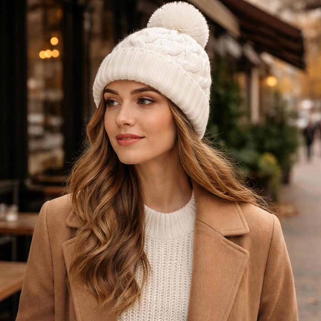 Winter Warm Cable Knit Pom Pom Beanie for Women and Men