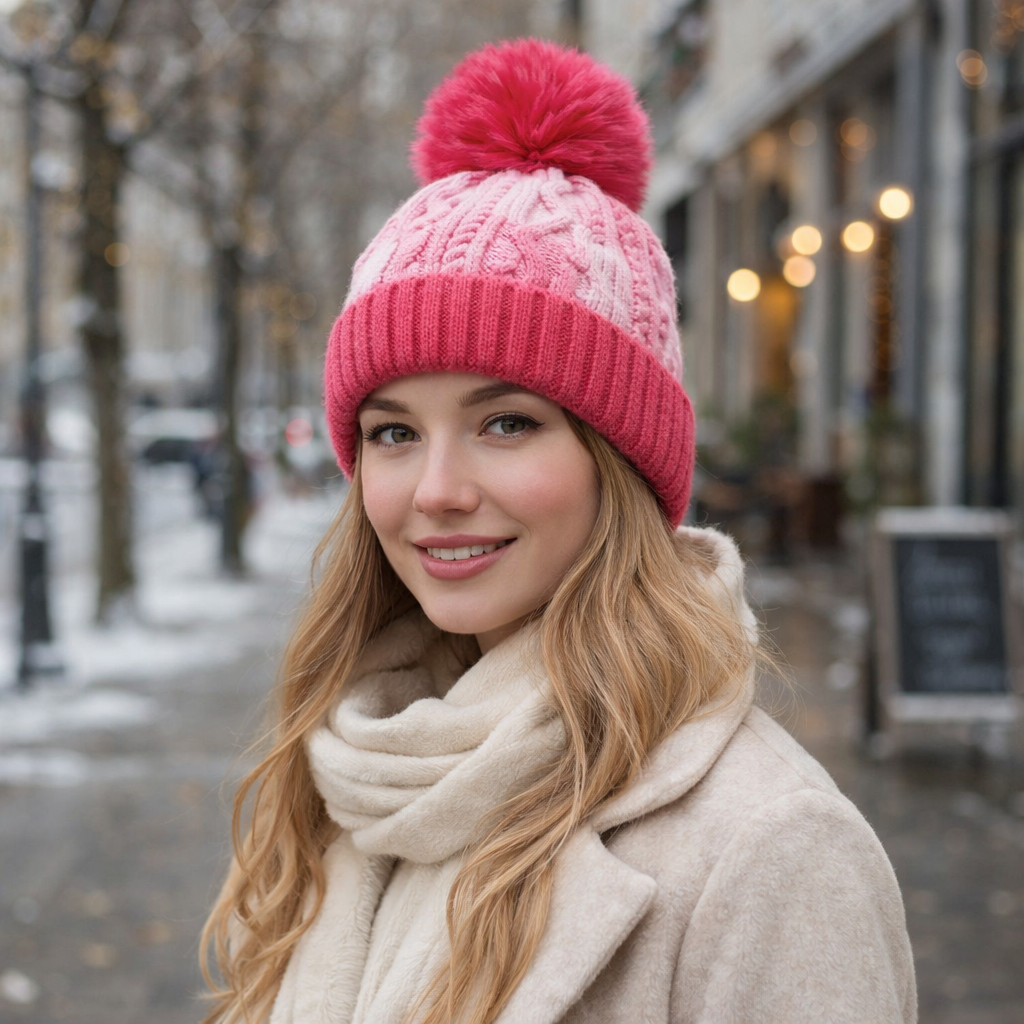 Winter Cable Knit Pom Pom Beanie Hat