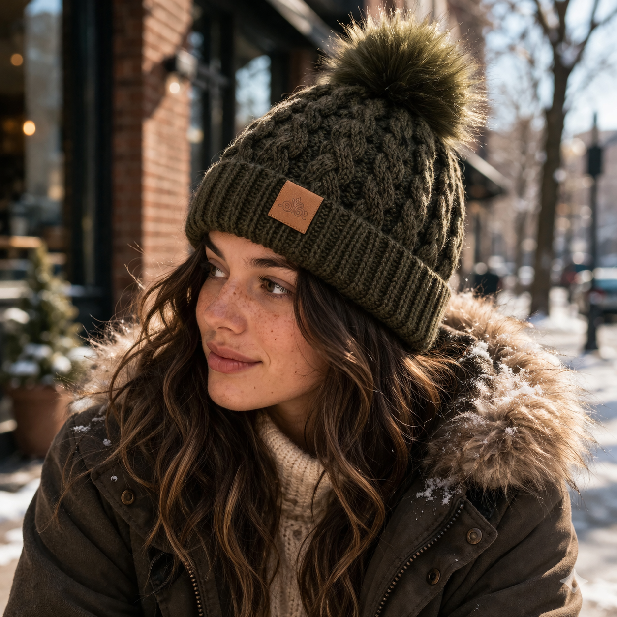 Winter Cable Knit Beanie with Faux Fur Pom Pom Thick Cuffed Warm Hat