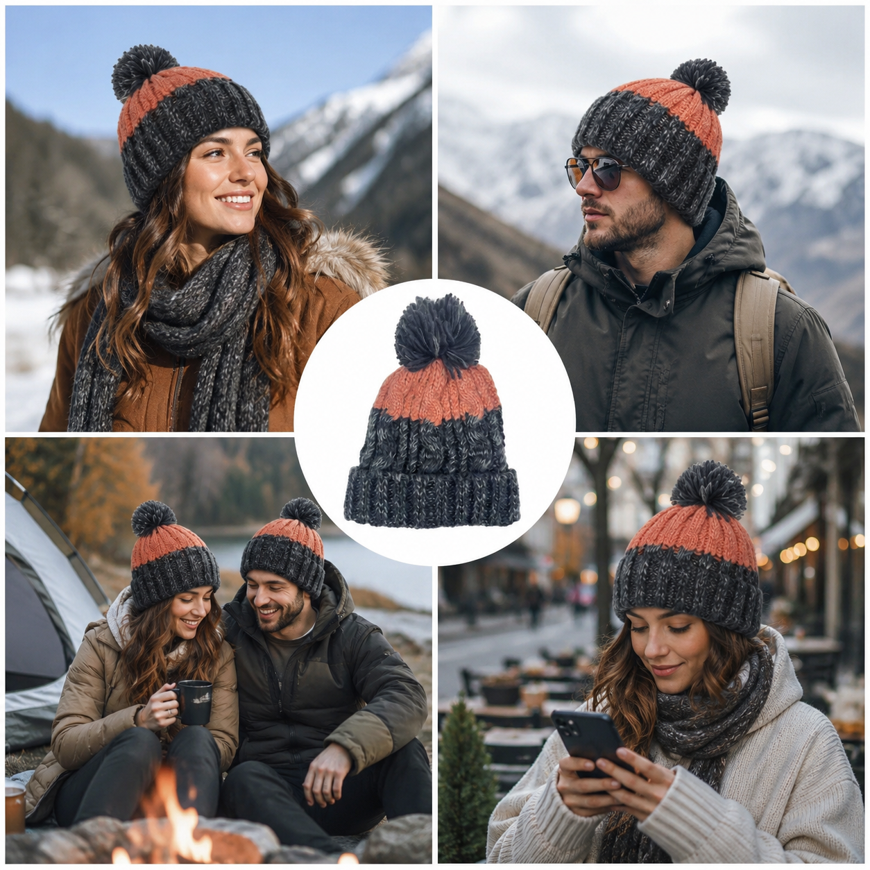 Two-Tone Cable Knit Cuffed Pom Pom Winter Beanie