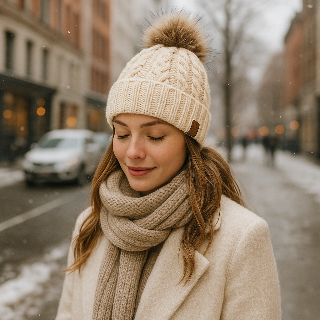 Winter Knit Beanie Hat with Faux Fur Pom and Cuffed Design