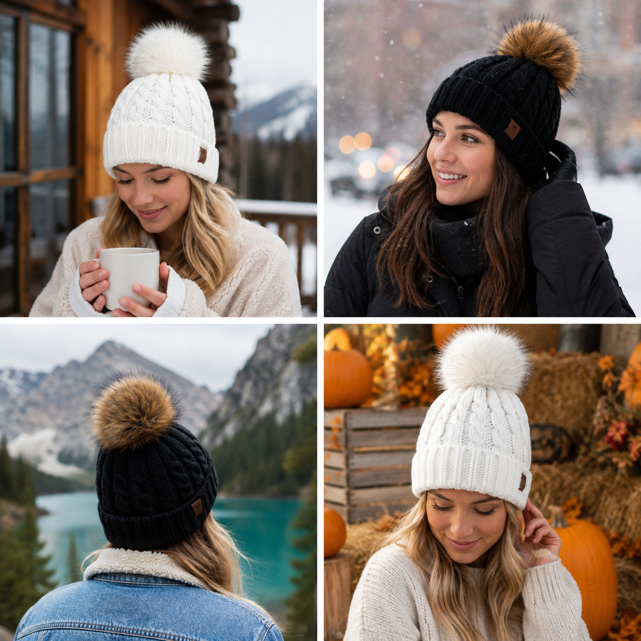 Winter Cable Knit Cuffed Beanie Hat with Faux Fur Pom Pom – Warm Ribbed Knit Cap in Navy, Ivory & Burgundy