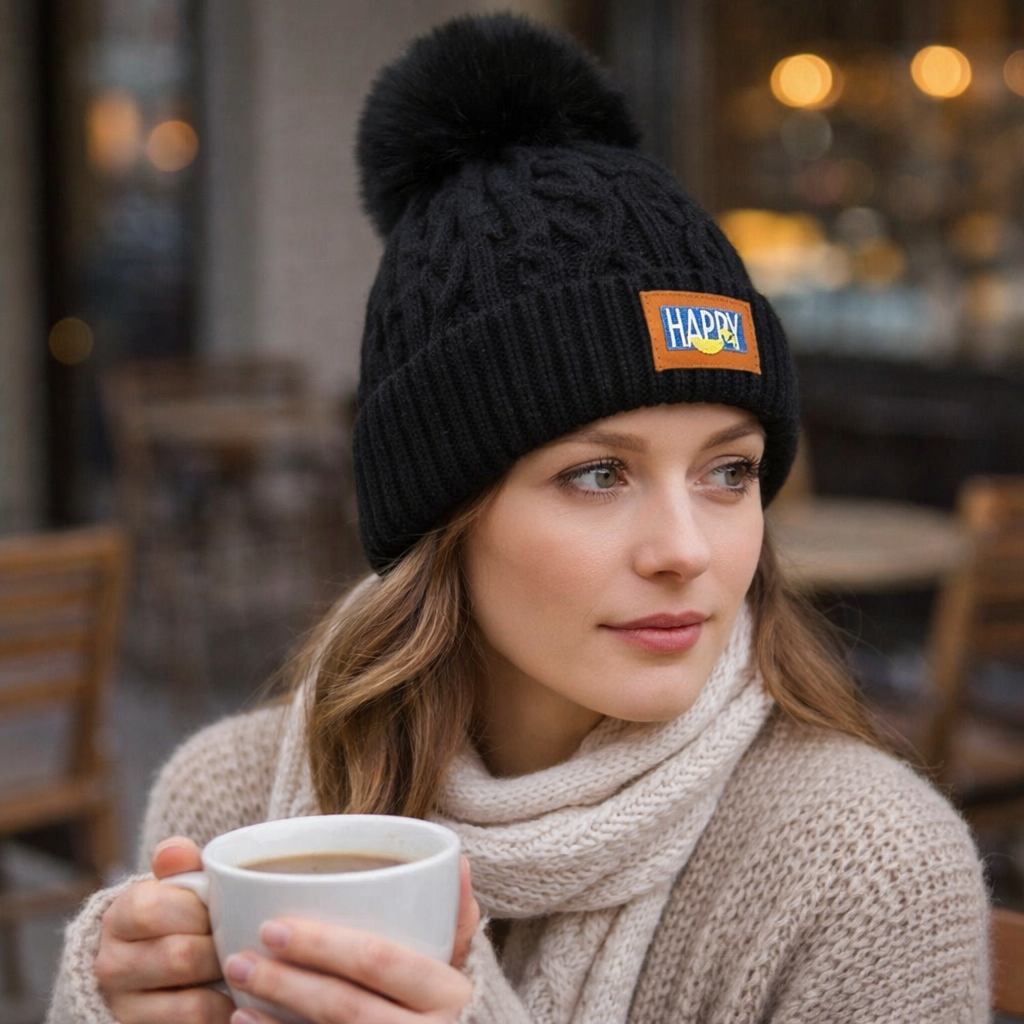Winter Knit Pom Pom Beanie Hat – Soft Cable Knit Warm Skull Cap