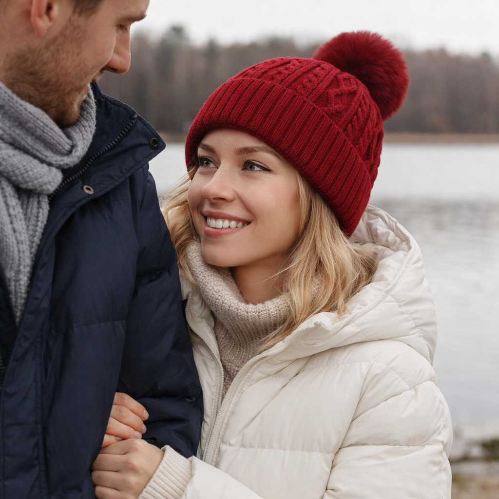 Winter Warm Cable Knit Beanie with Faux Fur Pom Pom