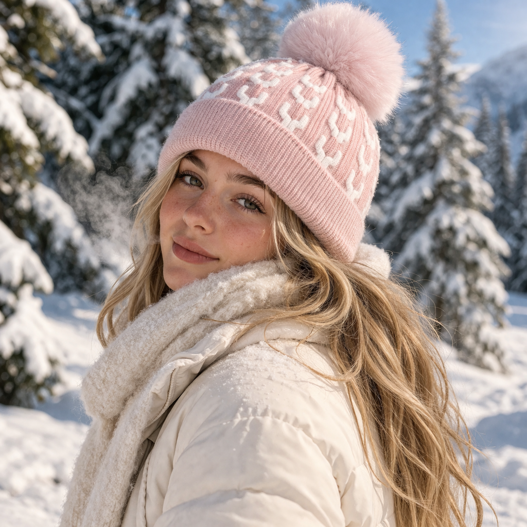 Winter Faux Fur Pom Pom Knitted Beanie Hat for Women Soft Warm Cuffed Skull Cap