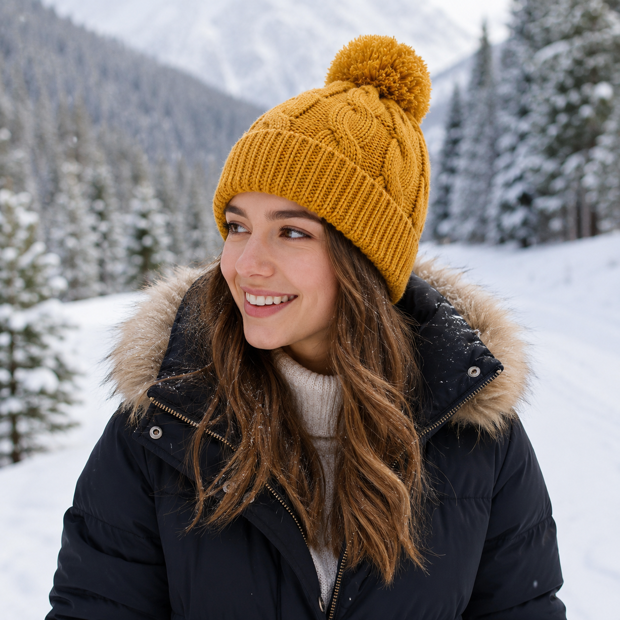 Chunky Cable Knit Cuffed Pom Pom Winter Beanie Hat