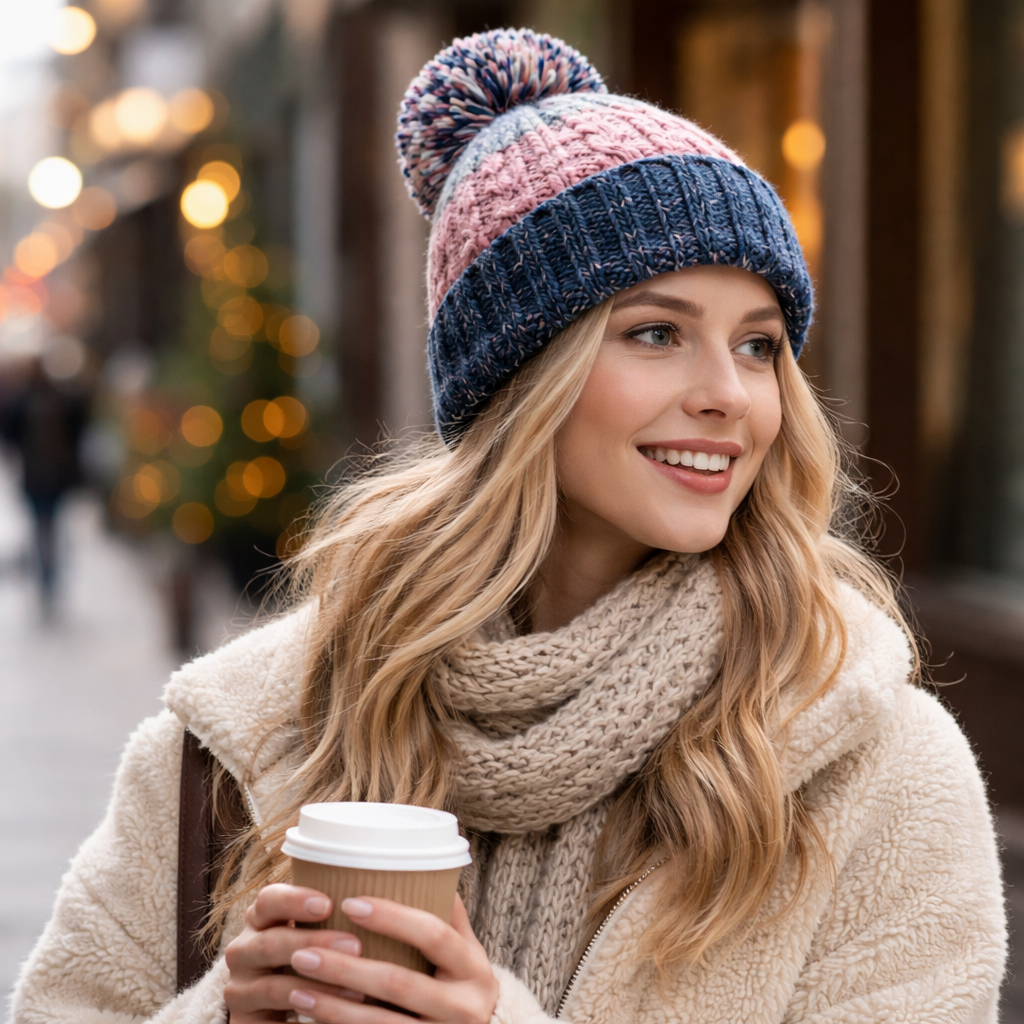 Cozy Cable Knit Cuffed Beanie with Faux Fur Pom Pom (Unisex Winter Hat)