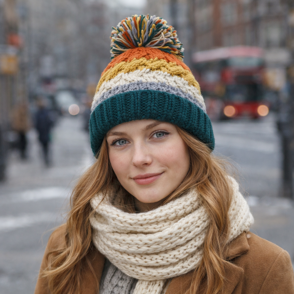 Multicolor Cable Knit Pom Pom Winter Beanie Hat