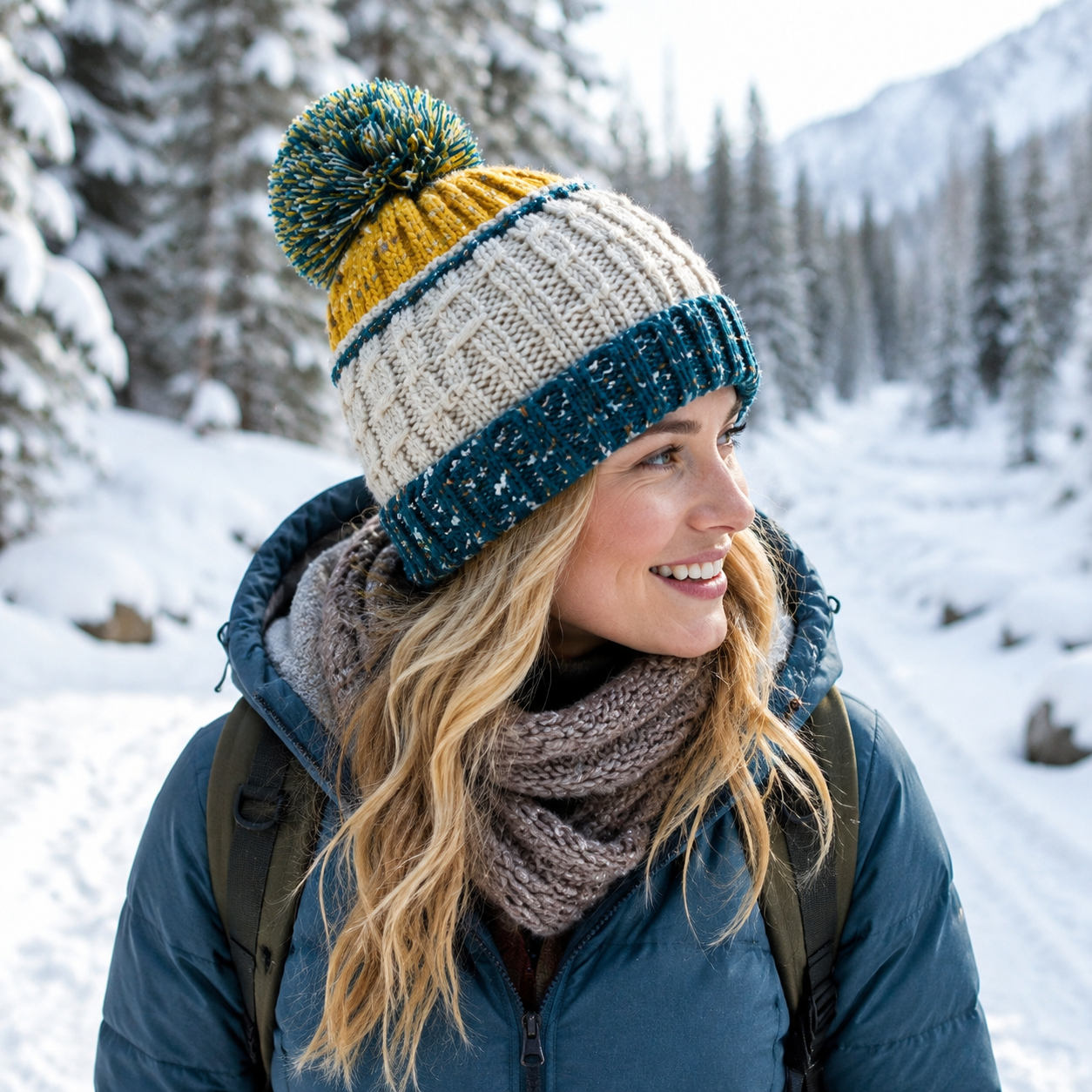 Multi-Color Cable Knit Pom Pom Cuffed Beanie Hat