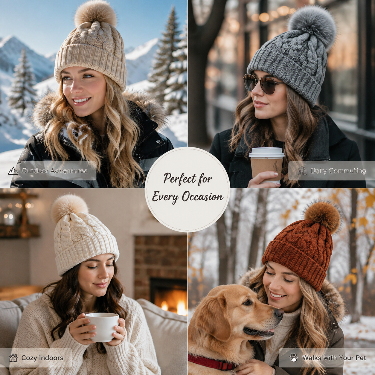 Cable Knit Faux Fur Pom Pom Cuffed Winter Beanie Hat – Multi-Color
