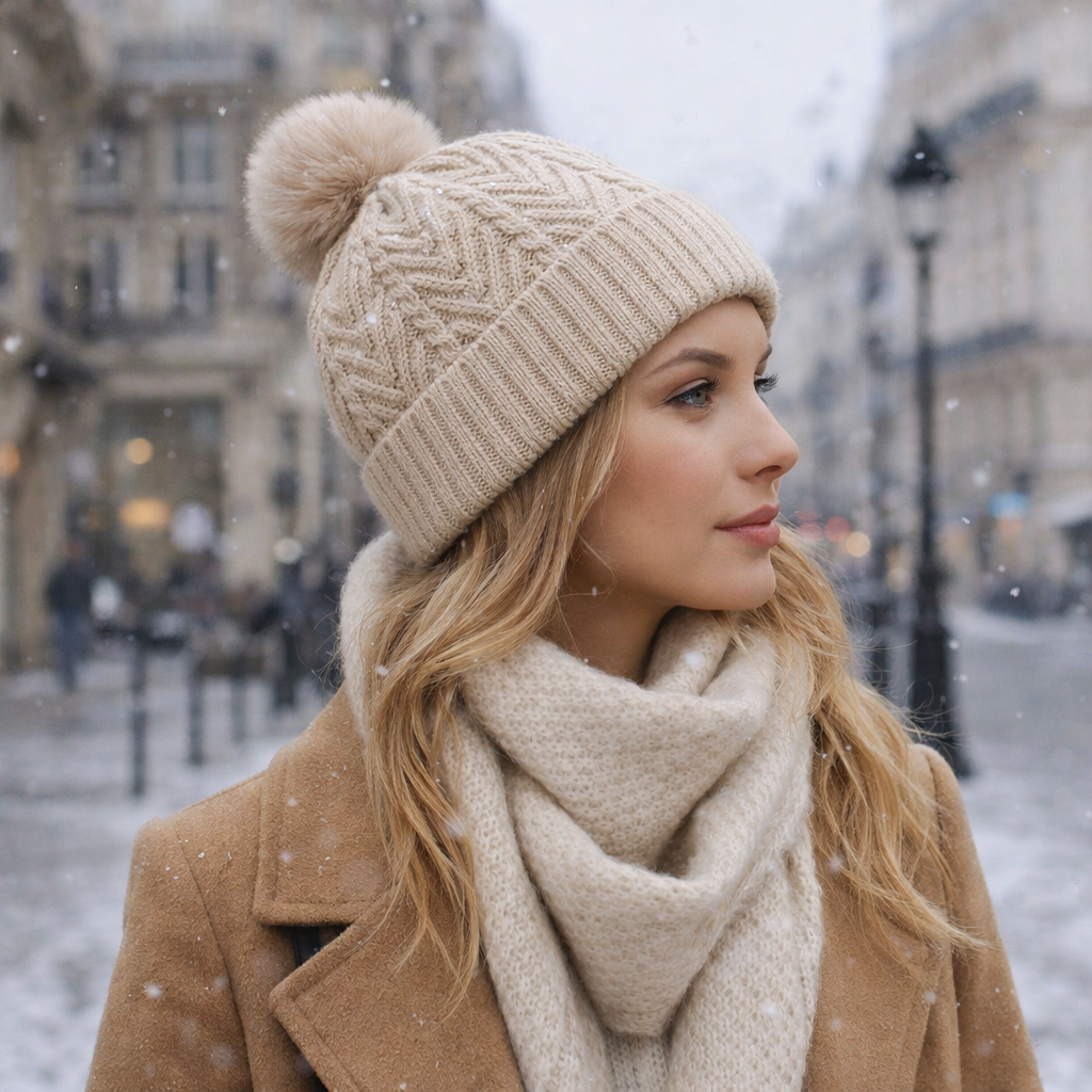 Winter Cable Knit Faux Fur Pom Pom Beanie Hat for Women