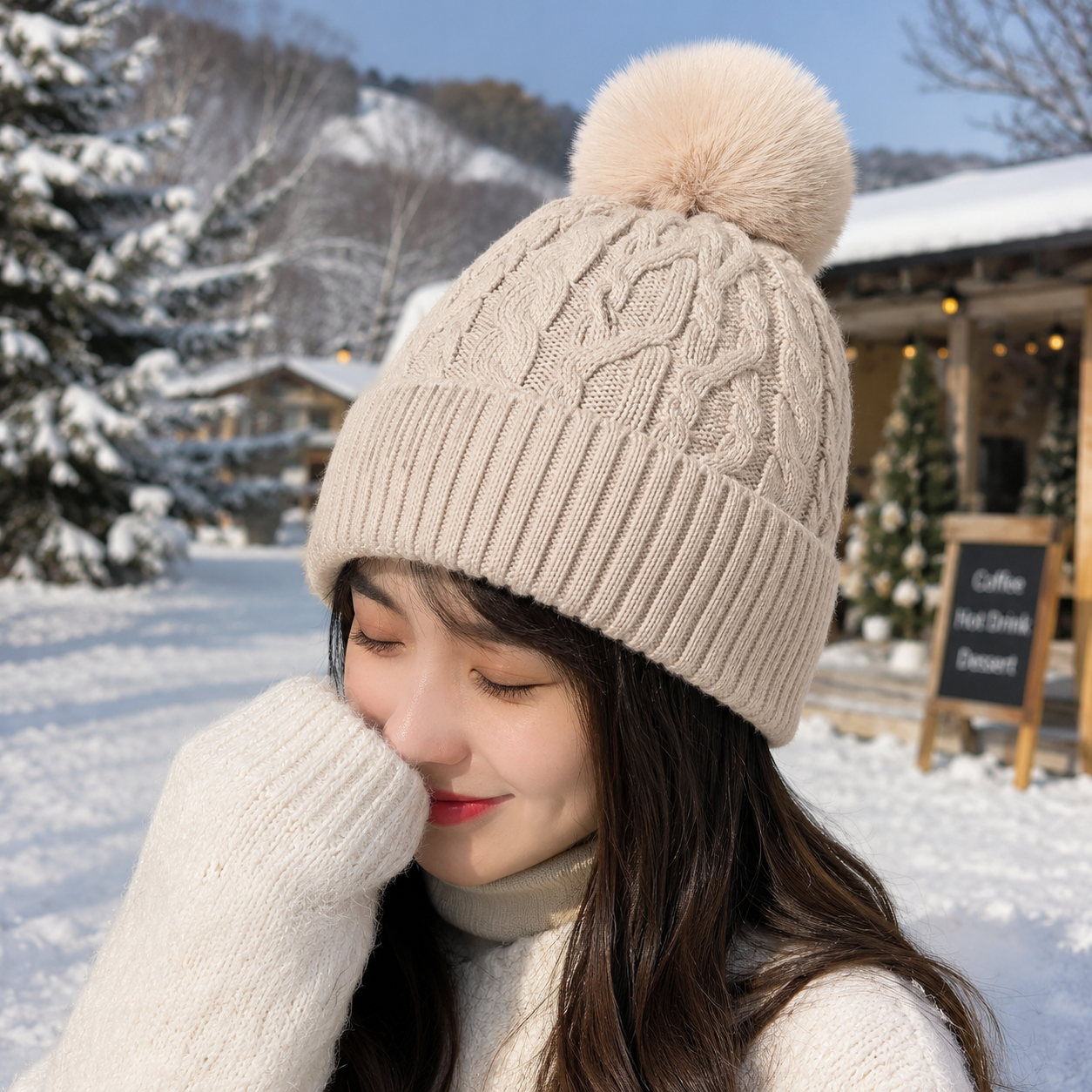 Cable Knit Winter Beanie Hat with Faux Fur Pom Pom