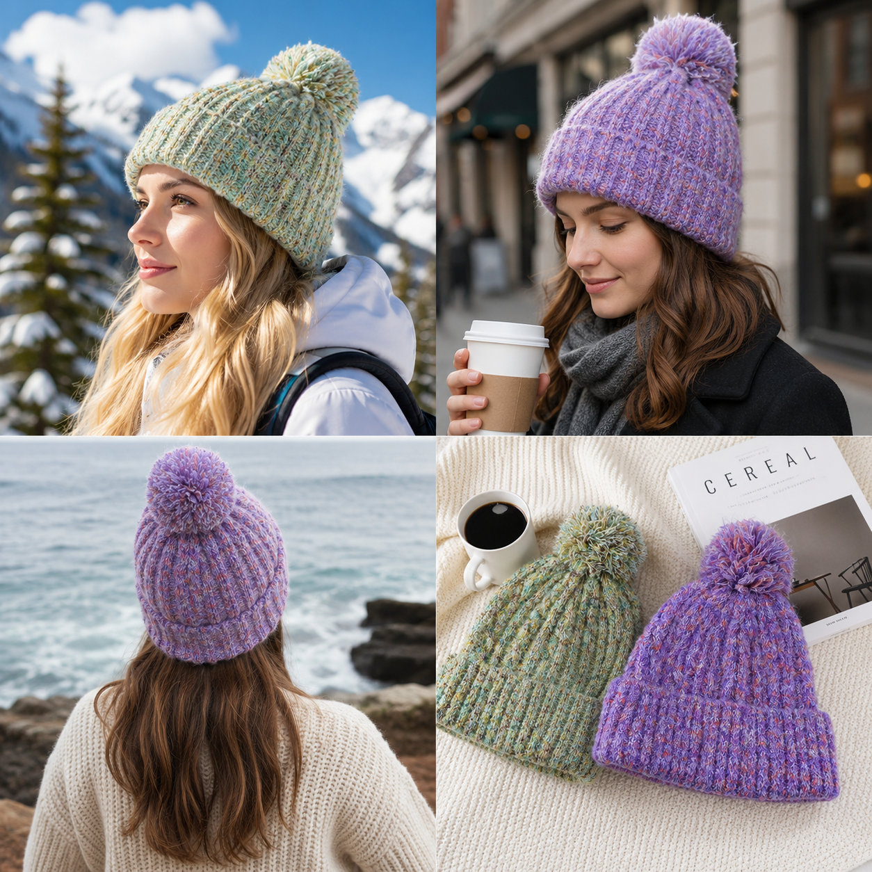 Heathered Purple and Sage Chunky Knit Pom Pom Cuffed Beanie